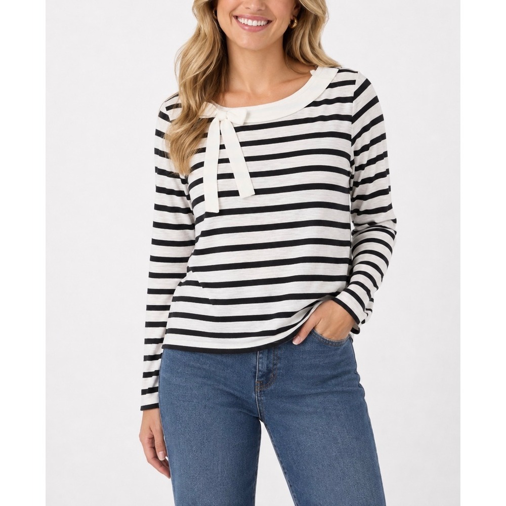 LOFT Striped Top Women MP Black White Bow Boat Neck Flaw Hole Parisian Style